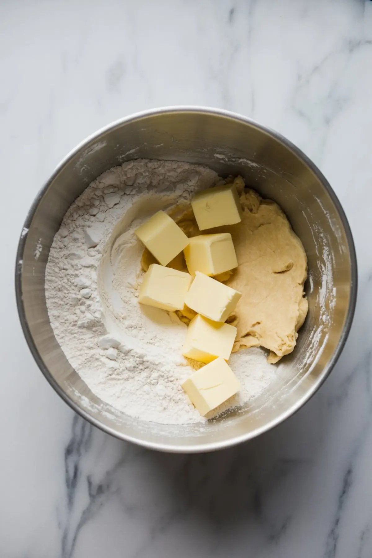 Large mixing bowl with flour, dough, and cubed butter in the early stage of making pastry dough for an apple galette.