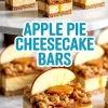 Apple pie cheesecake bars topped with buttery crumb topping, fresh apple slices, and drizzled caramel sauce, arranged on a white marble cake stand.