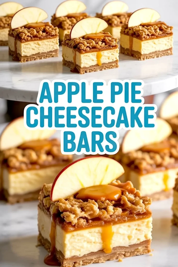 Apple pie cheesecake bars topped with buttery crumb topping, fresh apple slices, and drizzled caramel sauce, arranged on a white marble cake stand.