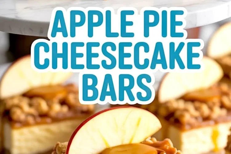 Apple pie cheesecake bars topped with buttery crumb topping, fresh apple slices, and drizzled caramel sauce, arranged on a white marble cake stand.