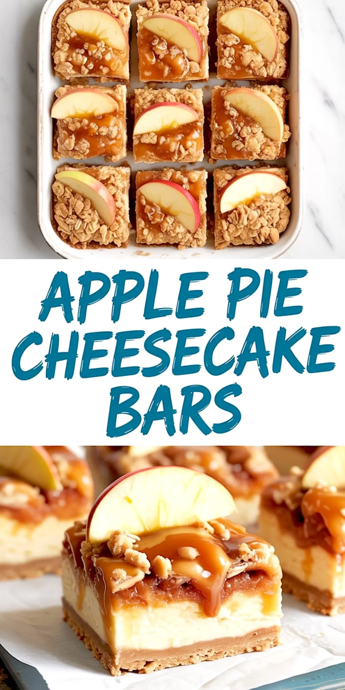 Baking dish filled with neatly arranged apple pie cheesecake bars, each garnished with oat streusel, a caramel drizzle, and a red apple slice.