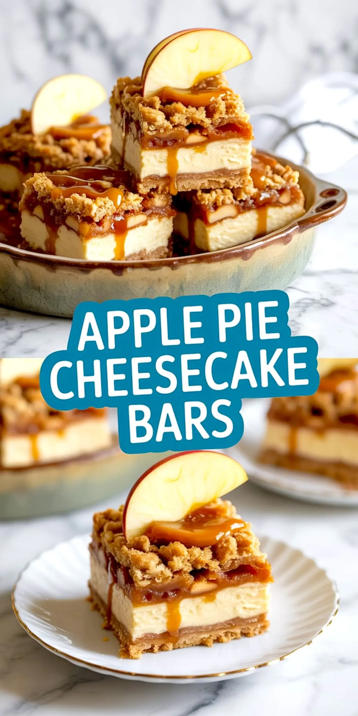 Plate of apple pie cheesecake bars with golden graham crust, creamy cheesecake layer, caramel apple filling, and crisp crumble topping.