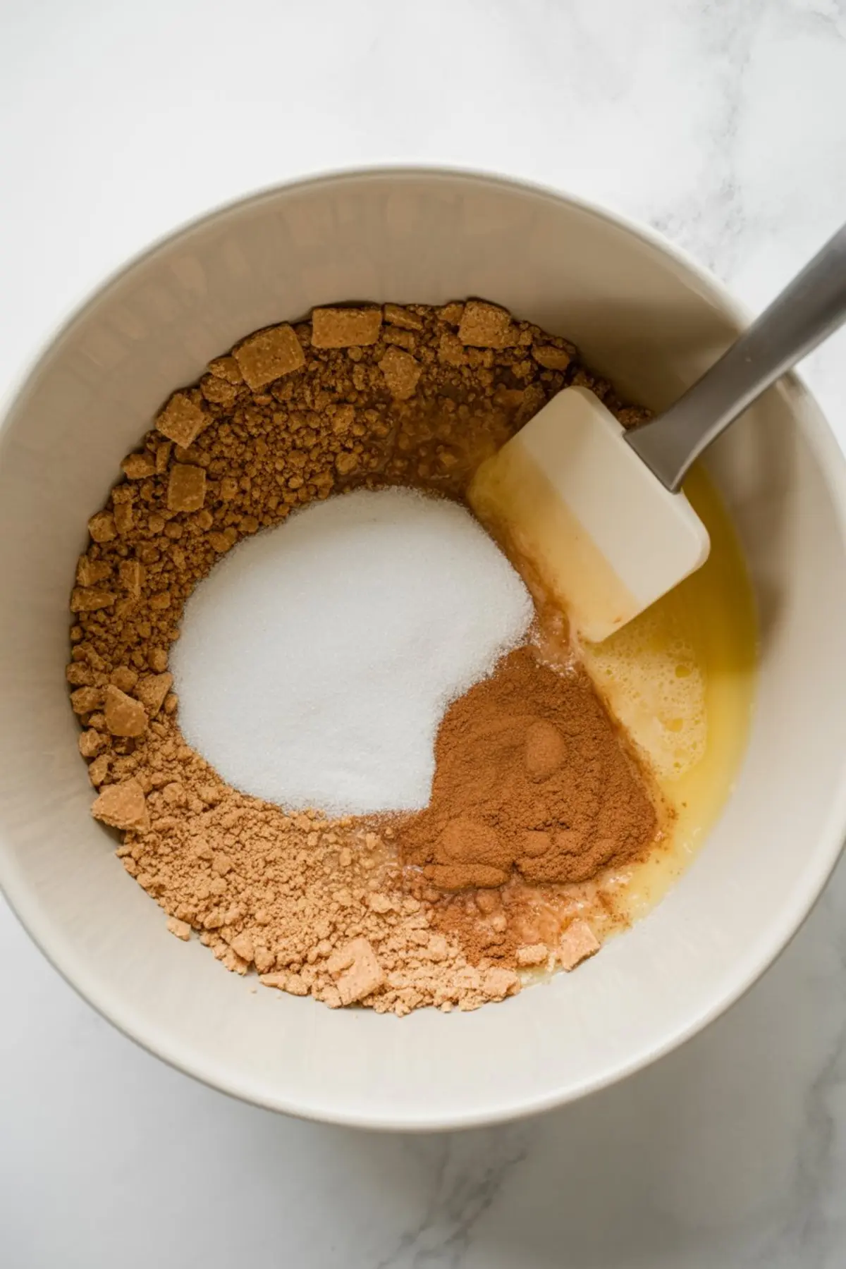 Mixing bowl with crushed graham crackers, sugar, cinnamon, and melted butter being combined for cheesecake crust.