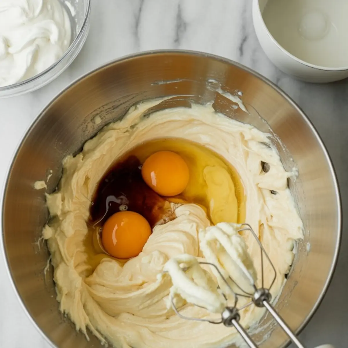 Metal mixing bowl with cream cheese batter, showing two raw eggs and vanilla extract before blending for cheesecake filling.