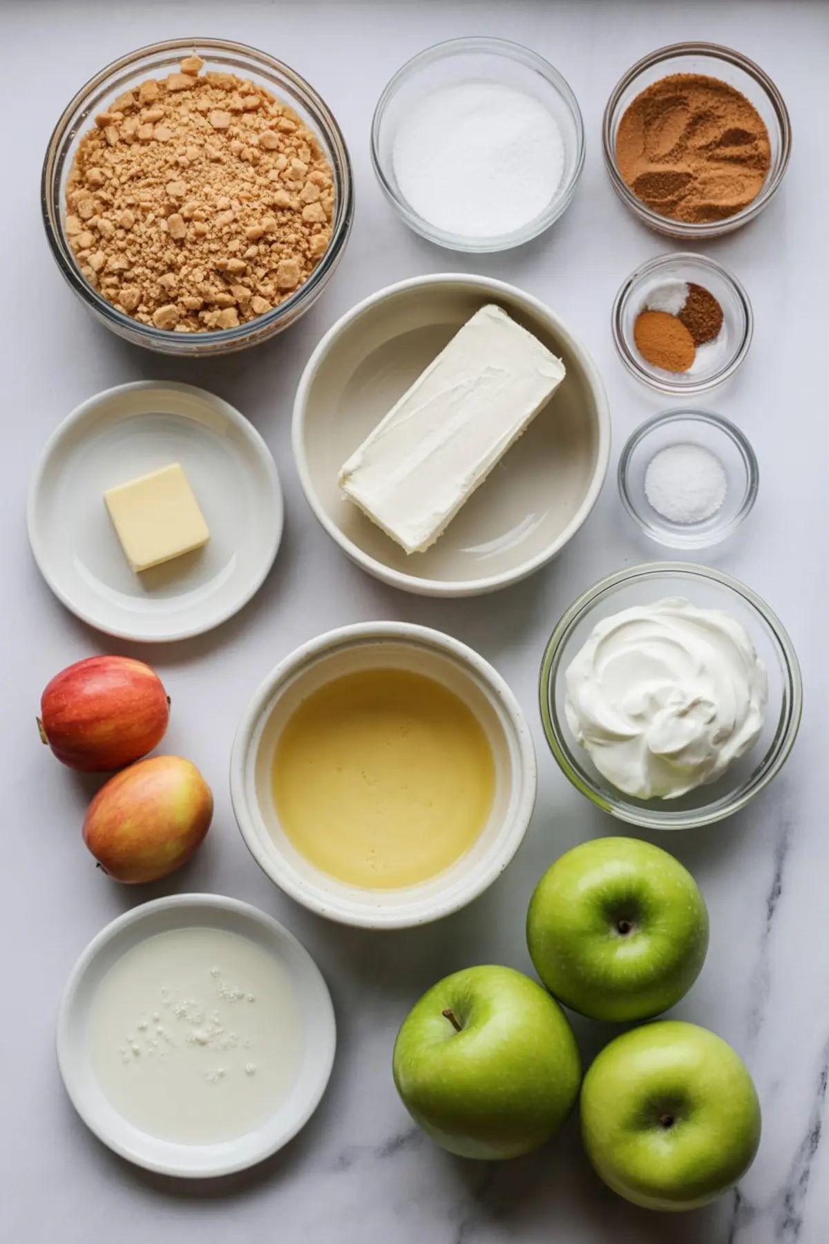 Flat lay of apple pie cheesecake bar ingredients including cream cheese, sour cream, apples, graham crumbs, sugar, spices, eggs, and butter.