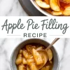 Vertical collage with two views of apple pie filling; top shows raw apple slices coated in spiced syrup inside a pot, and bottom displays a spoonful of glossy cooked apple filling in a gray ceramic bowl.