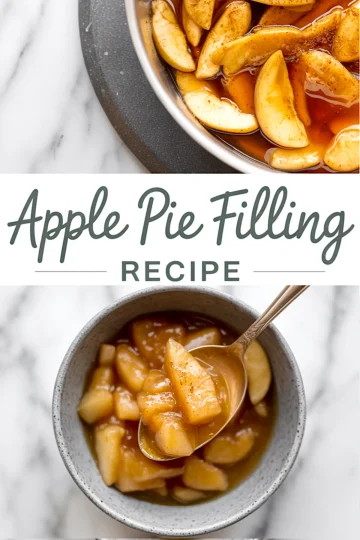 Vertical collage with two views of apple pie filling; top shows raw apple slices coated in spiced syrup inside a pot, and bottom displays a spoonful of glossy cooked apple filling in a gray ceramic bowl.