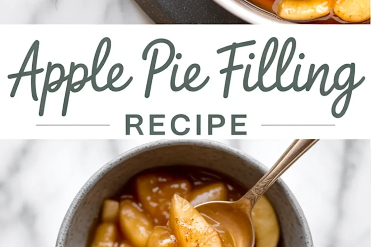 Vertical collage with two views of apple pie filling; top shows raw apple slices coated in spiced syrup inside a pot, and bottom displays a spoonful of glossy cooked apple filling in a gray ceramic bowl.