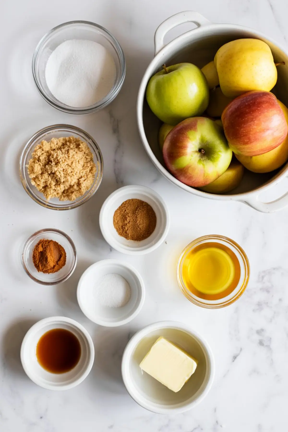 Overhead view of apple pie filling ingredients on a marble countertop, featuring fresh green and red apples in a white bowl, bowls of white and brown sugar, cinnamon, nutmeg, salt, vanilla extract, butter, and oil.