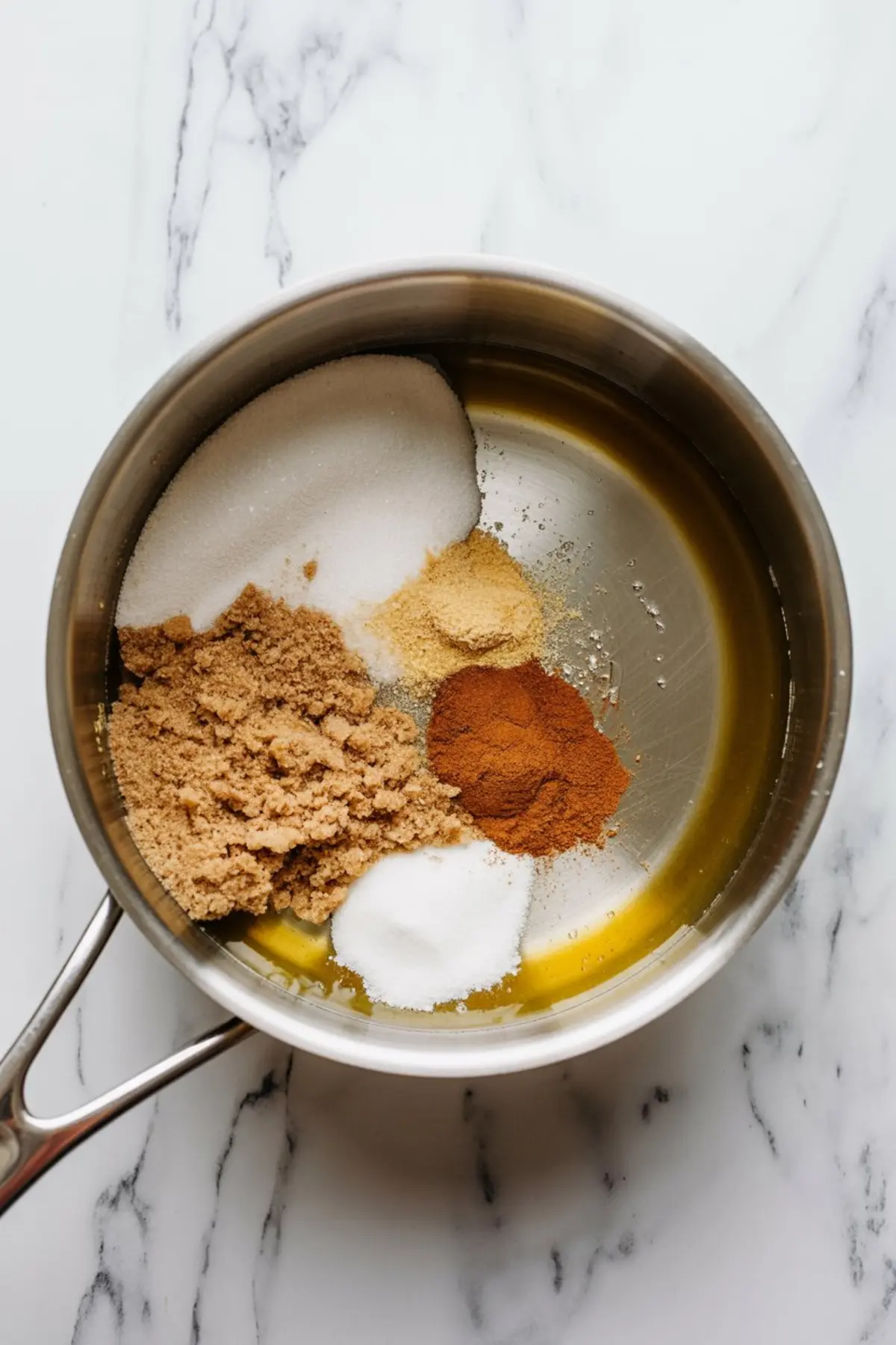 Stainless steel saucepan filled with separated ingredients for apple pie filling, including white sugar, brown sugar, cinnamon, ground ginger, salt, and melted butter on a white marble surface.