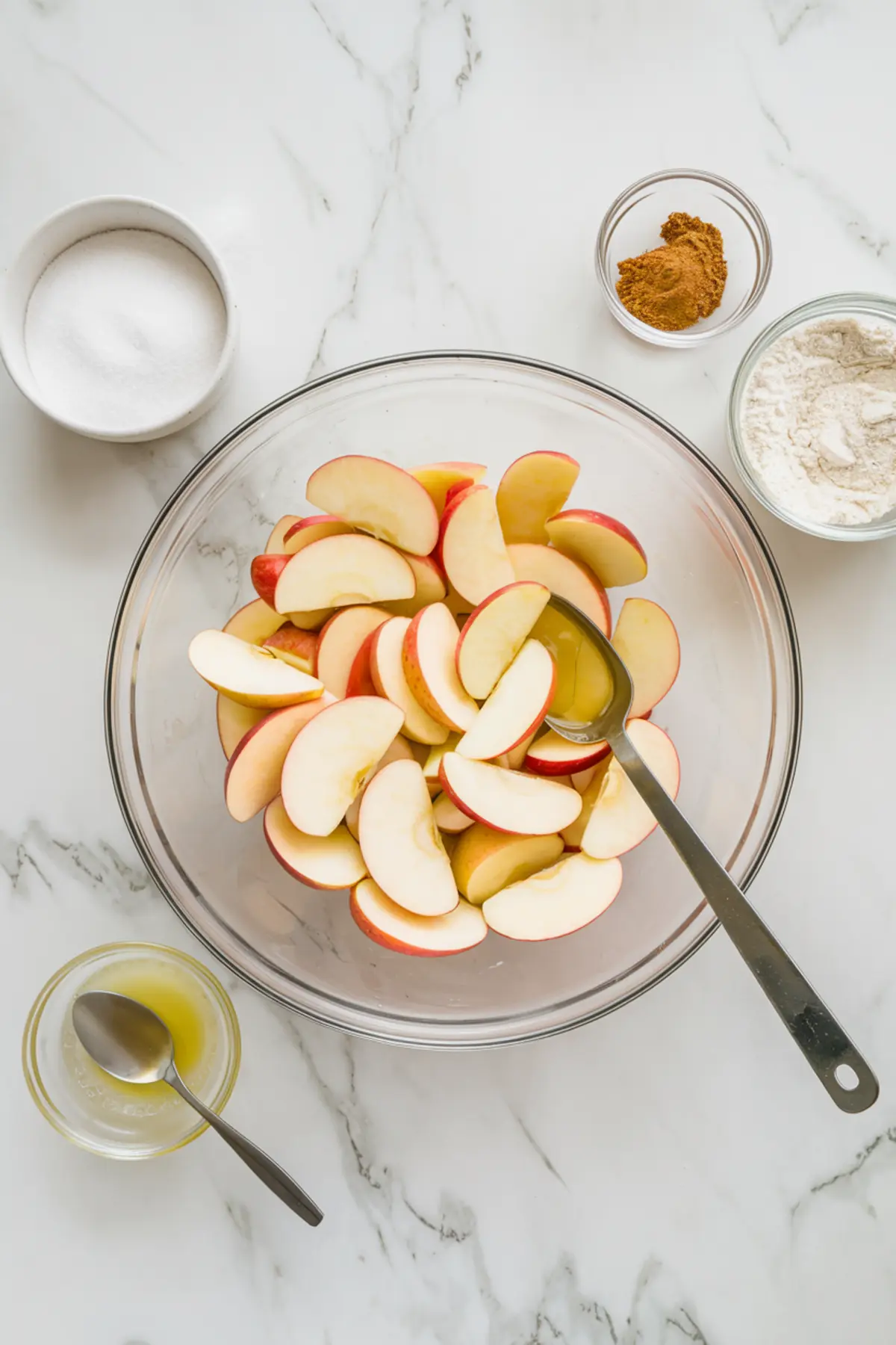 Overhead photo of sliced apples in a glass bowl with sugar, cinnamon, flour, and melted butter in small bowls around it on a marble surface—apple pie filling prep ingredients styled for a baking tutorial.