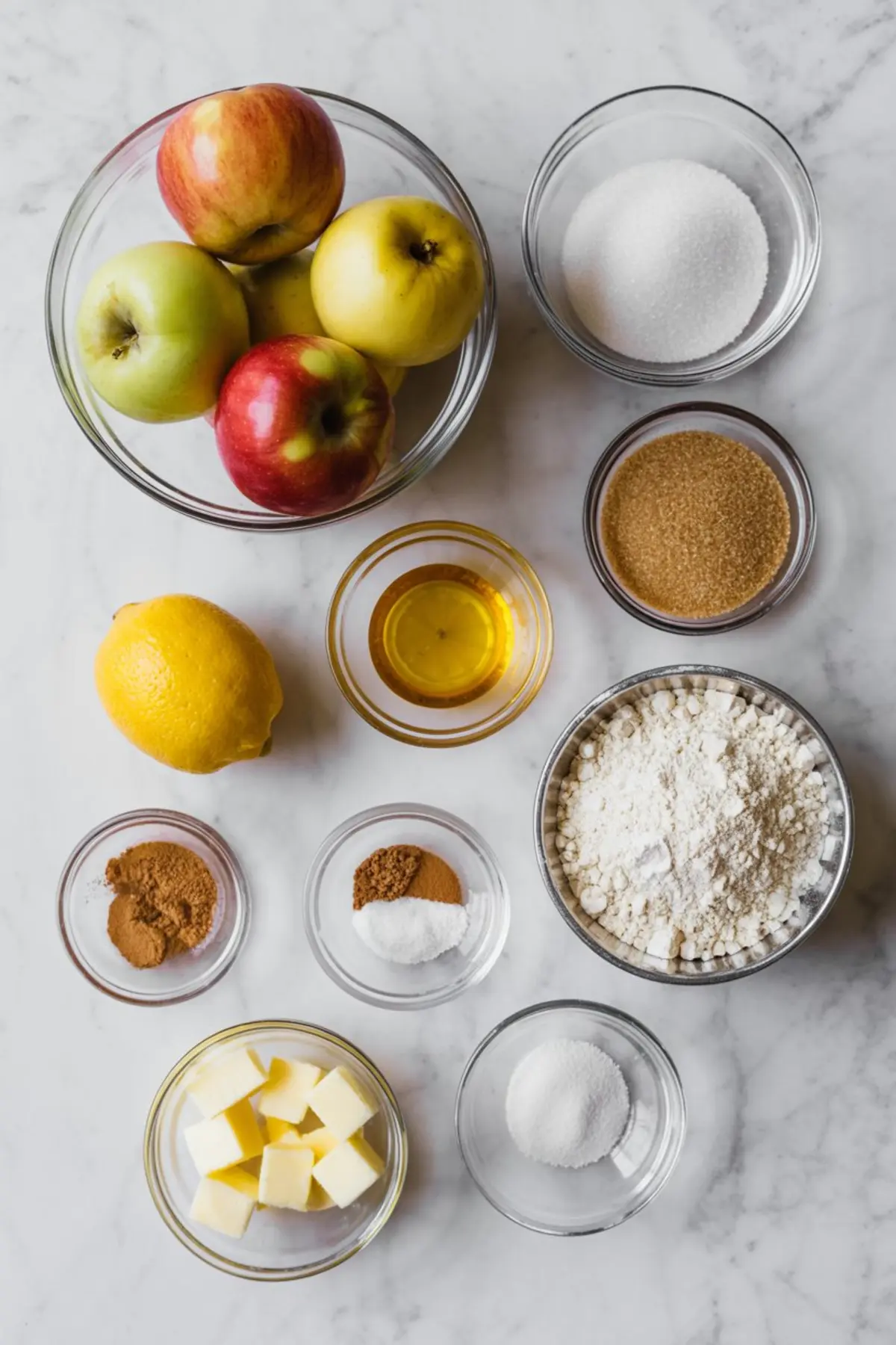 Overhead flat lay of whole apples, granulated sugar, brown sugar, lemon, flour, butter, spices, and vanilla extract in glass bowls on a marble counter—classic apple pie ingredients displayed in a recipe mise en place.