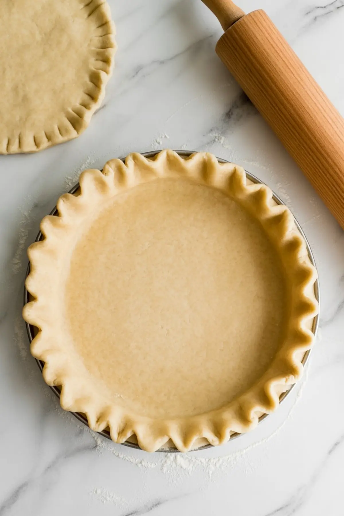 Overhead photo of an unbaked apple pie crust with crimped edges in a metal pie dish next to a wooden rolling pin on a floured marble surface—homemade pie dough ready for apple filling.