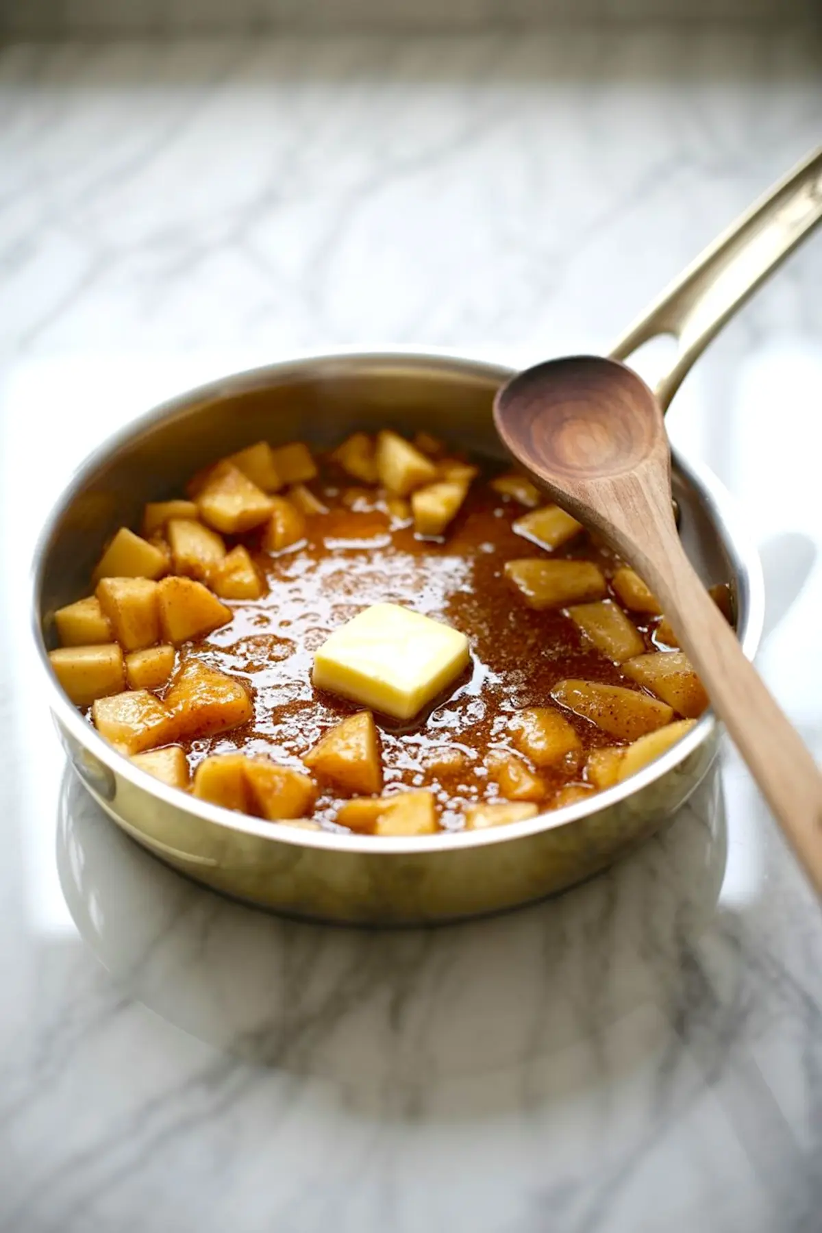 Buttery apple filling in a pan with cinnamon, sugar, and a pat of melting butter, stirred with a wooden spoon.