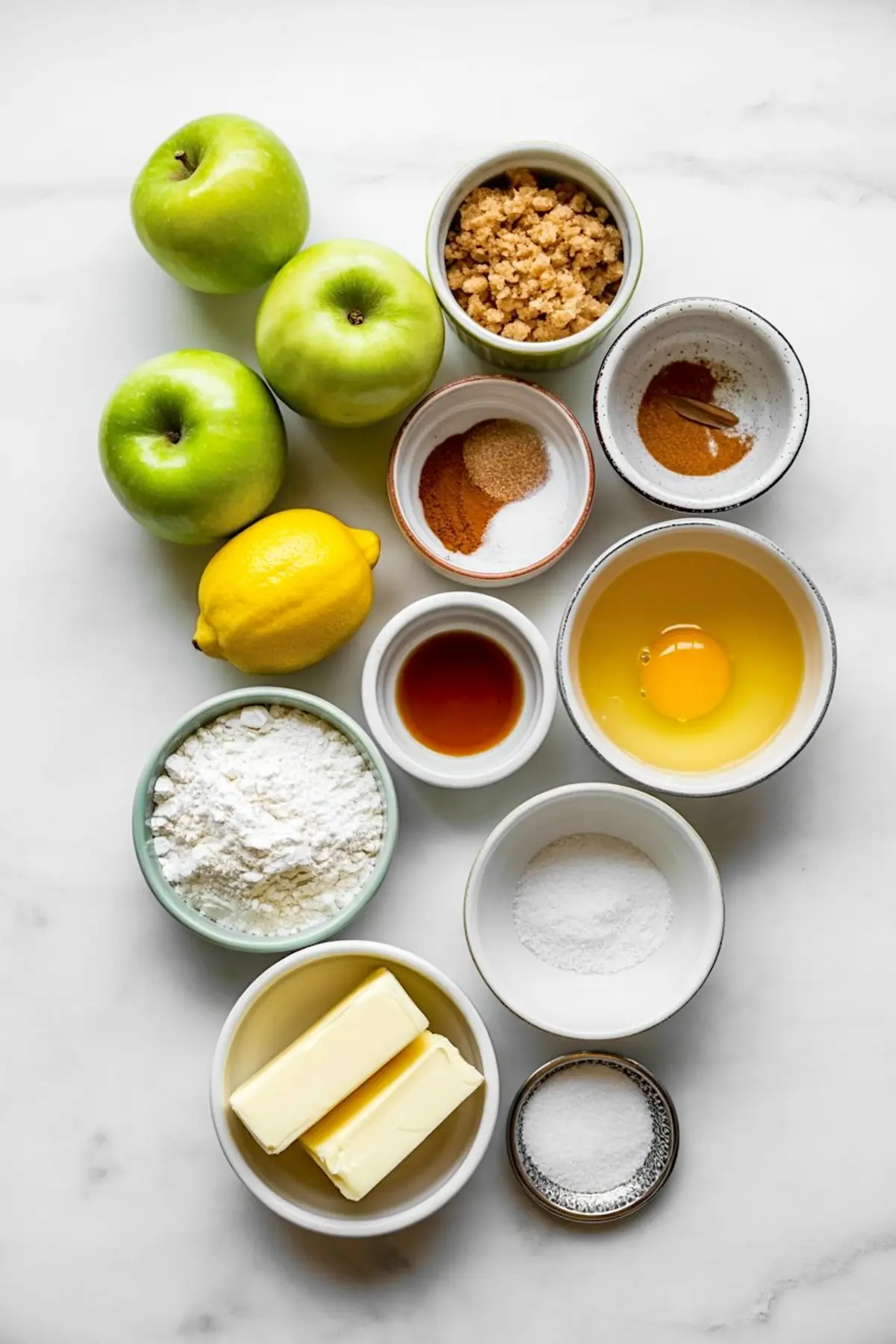Flat lay of ingredients for homemade apple turnovers, including green apples, lemon, flour, egg, butter, spices, and brown sugar.