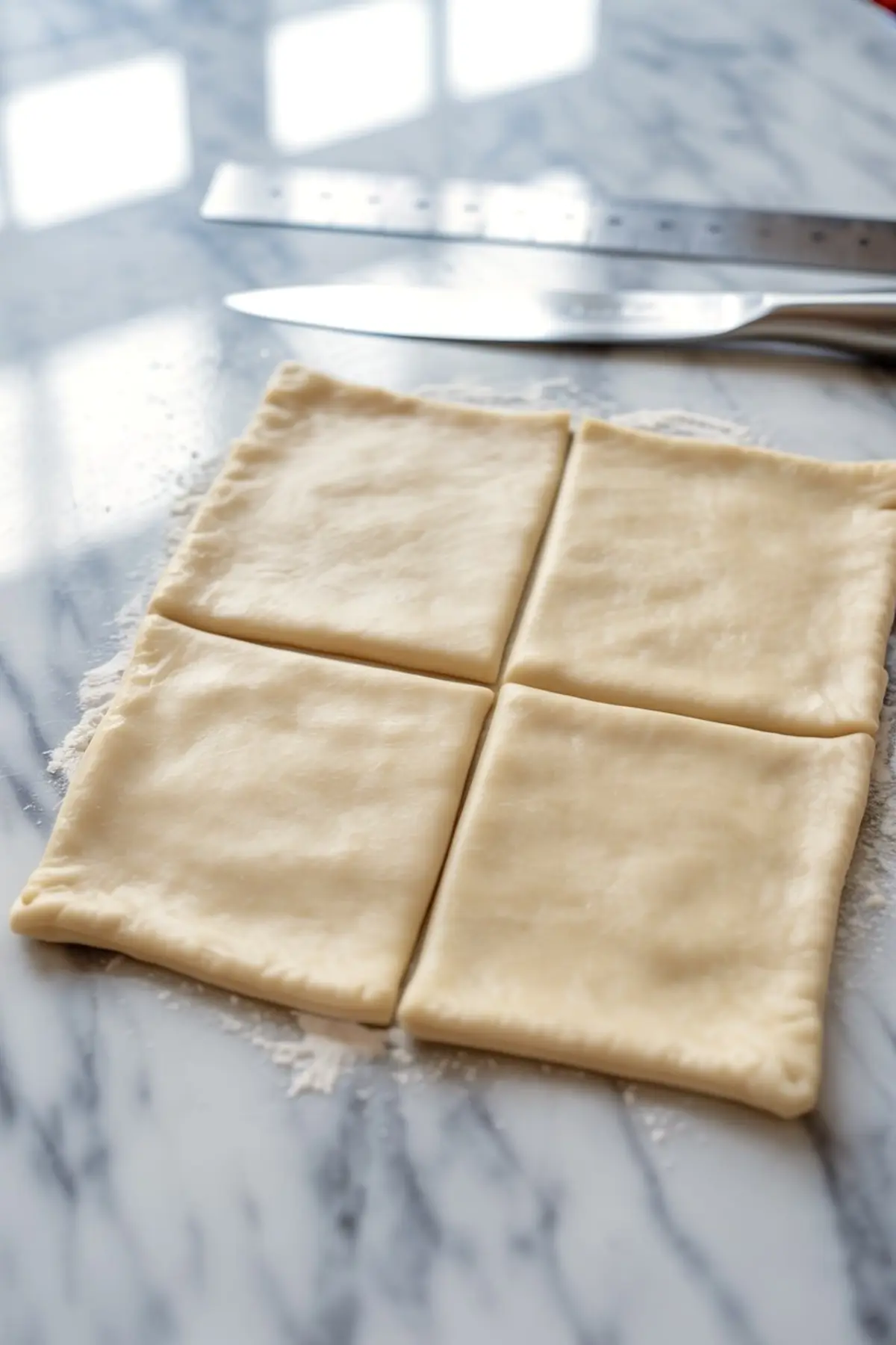 Square-cut puff pastry dough pieces on a marble surface, ready to be filled and folded for apple turnovers.