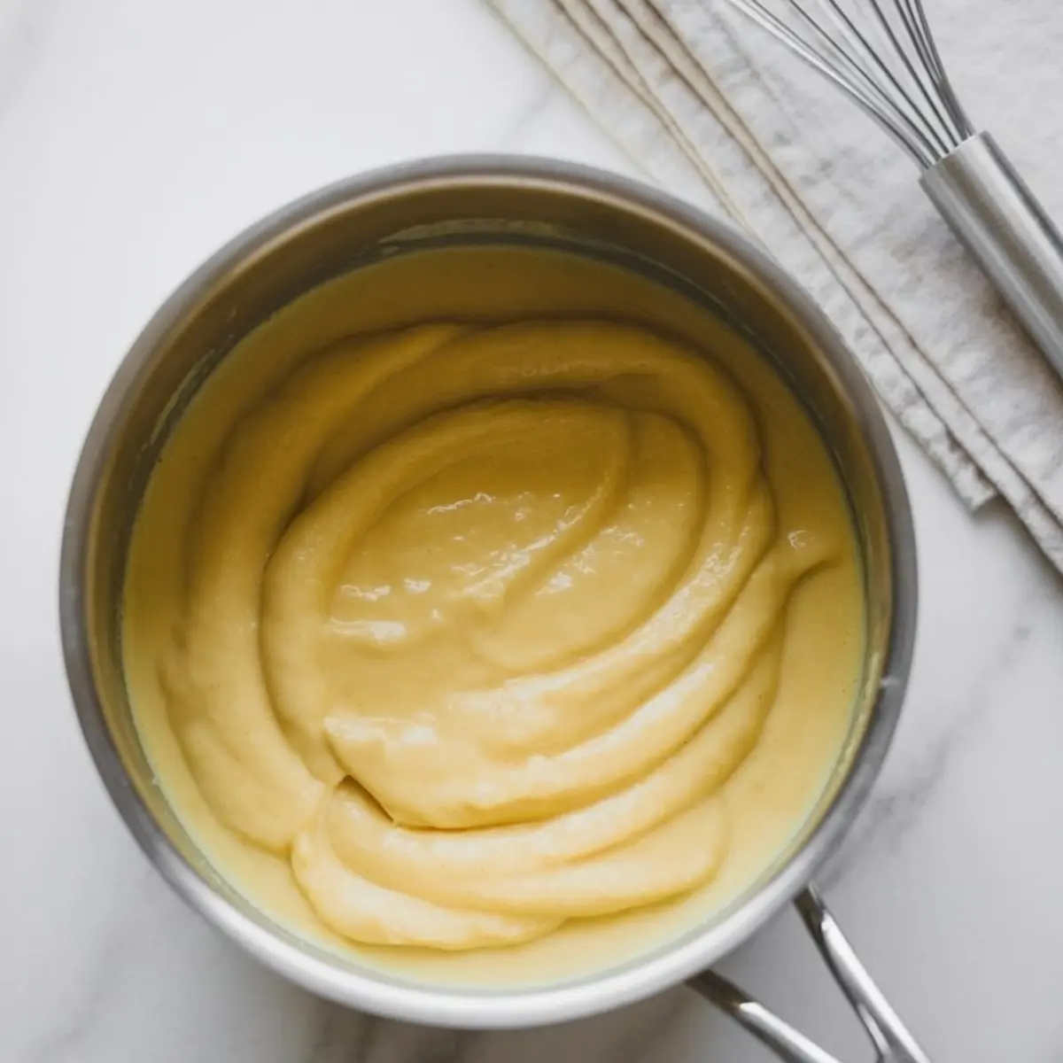 Thick banana custard filling in a stainless steel saucepan with a whisk and folded napkin nearby, showing a creamy, smooth texture.
