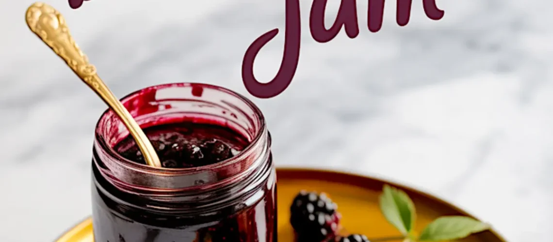 Homemade blackberry jam in a glass jar with a gold spoon, served on a golden plate with a slice of bread topped with jam and fresh blackberries, styled with handwritten “homemade blackberry jam” text overlay.