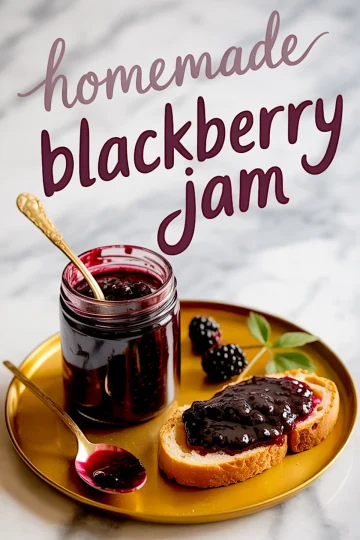 Homemade blackberry jam in a glass jar with a gold spoon, served on a golden plate with a slice of bread topped with jam and fresh blackberries, styled with handwritten “homemade blackberry jam” text overlay.
