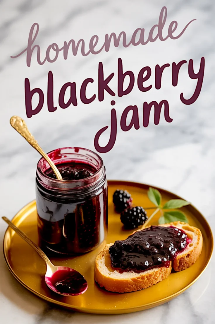 Homemade blackberry jam in a glass jar with a gold spoon, served on a golden plate with a slice of bread topped with jam and fresh blackberries, styled with handwritten “homemade blackberry jam” text overlay.