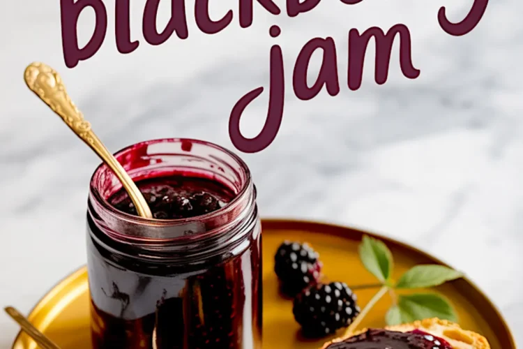 Homemade blackberry jam in a glass jar with a gold spoon, served on a golden plate with a slice of bread topped with jam and fresh blackberries, styled with handwritten “homemade blackberry jam” text overlay.
