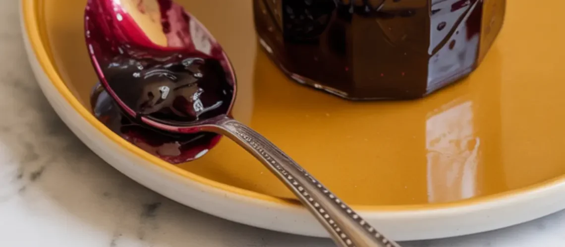 Glass jar of thick blueberry jam on a golden plate with a vintage silver spoon coated in jam placed beside it, set on a marble background with overlay text reading “homemade blueberry jam recipe.”