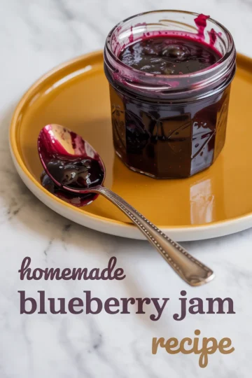 Glass jar of thick blueberry jam on a golden plate with a vintage silver spoon coated in jam placed beside it, set on a marble background with overlay text reading “homemade blueberry jam recipe.”
