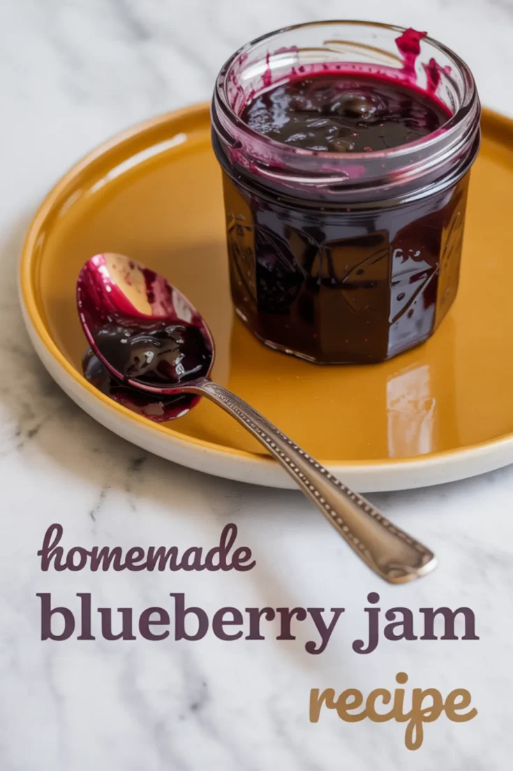 Glass jar of thick blueberry jam on a golden plate with a vintage silver spoon coated in jam placed beside it, set on a marble background with overlay text reading “homemade blueberry jam recipe.”