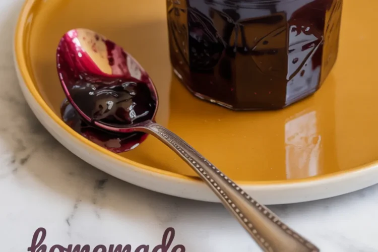 Glass jar of thick blueberry jam on a golden plate with a vintage silver spoon coated in jam placed beside it, set on a marble background with overlay text reading “homemade blueberry jam recipe.”