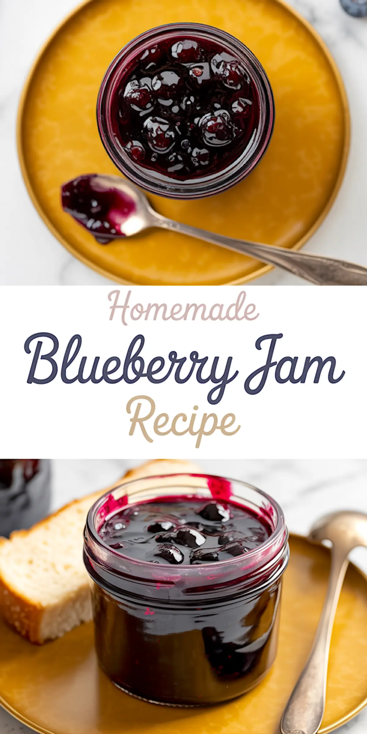 Overhead and front view collage of a glass jar filled with glossy homemade blueberry jam on a golden plate, with a silver spoon resting beside it and a text overlay reading “Homemade Blueberry Jam Recipe.”