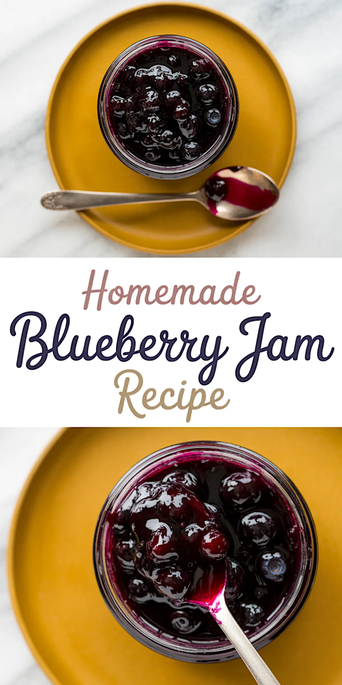 Vertical collage featuring top and angled views of a glass jar filled with chunky blueberry jam on a golden plate, with a jam-covered spoon beside the jar and overlay text reading “Homemade Blueberry Jam Recipe.”