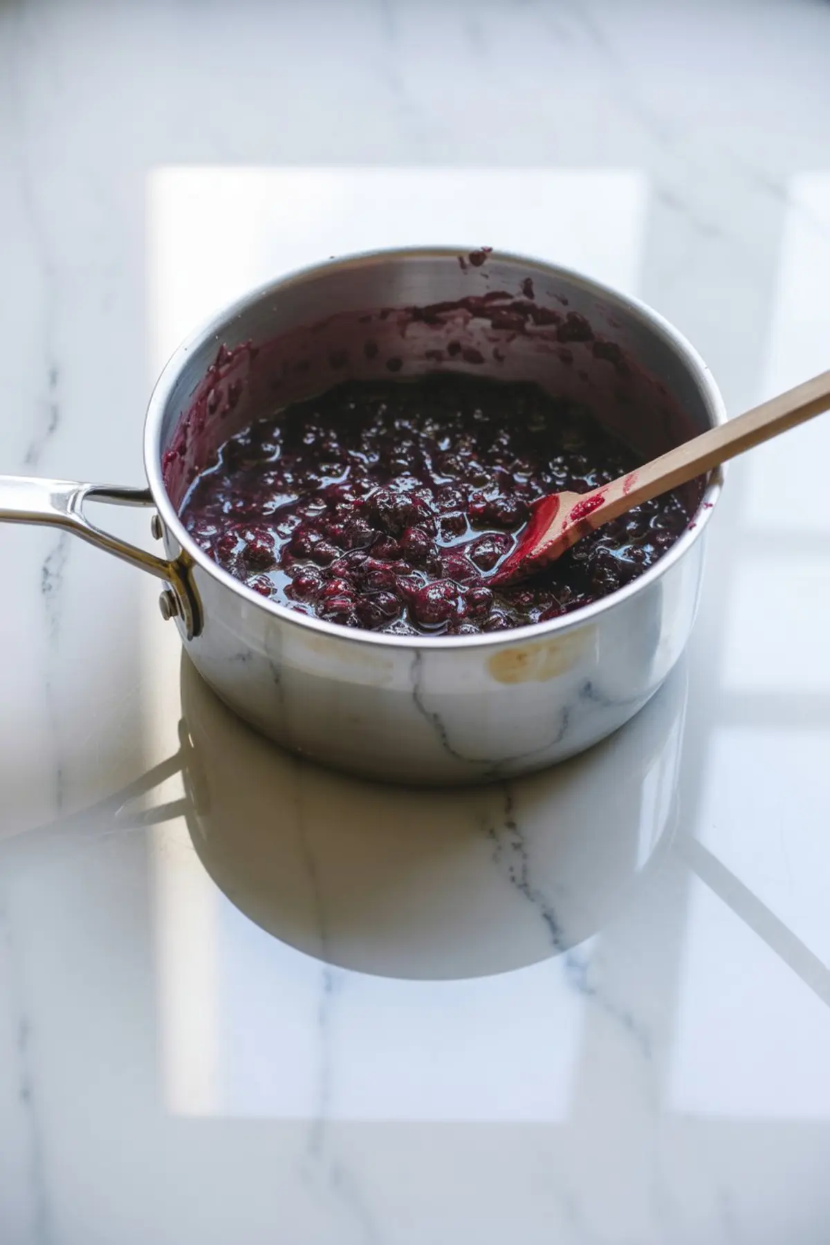 Stainless steel pot with thickened blueberry compote being stirred with a red-tipped wooden spatula, resting on a reflective marble surface with natural window light.