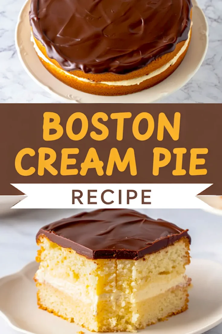 Collage showing a whole Boston cream pie topped with chocolate ganache and a sliced piece revealing layers of sponge cake and creamy filling, with recipe text overlay.