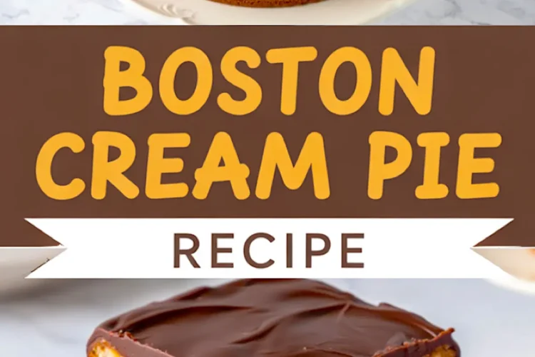 Collage showing a whole Boston cream pie topped with chocolate ganache and a sliced piece revealing layers of sponge cake and creamy filling, with recipe text overlay.