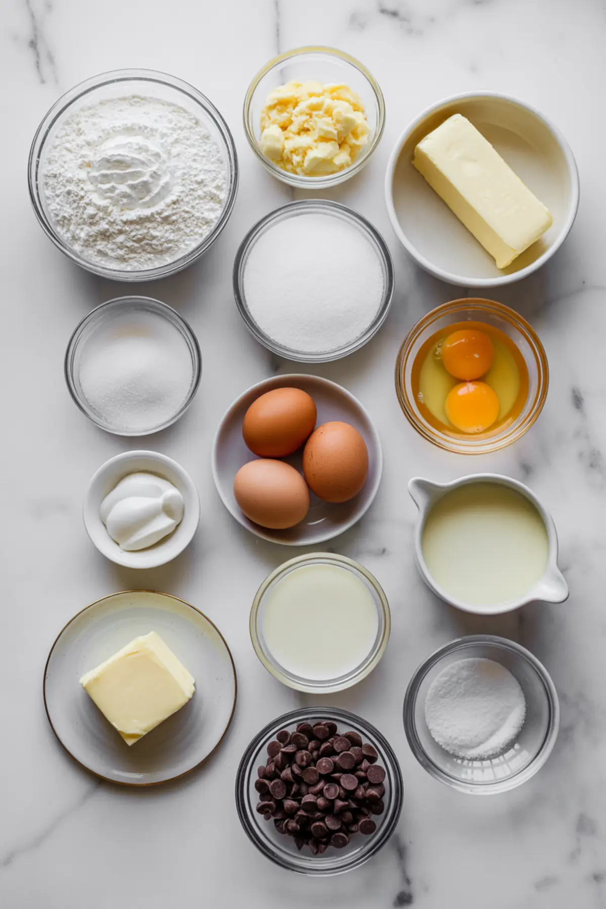 Assorted baking ingredients in clear and ceramic bowls on a white marble surface, including flour, sugar, butter, eggs, milk, chocolate chips, and vanilla.