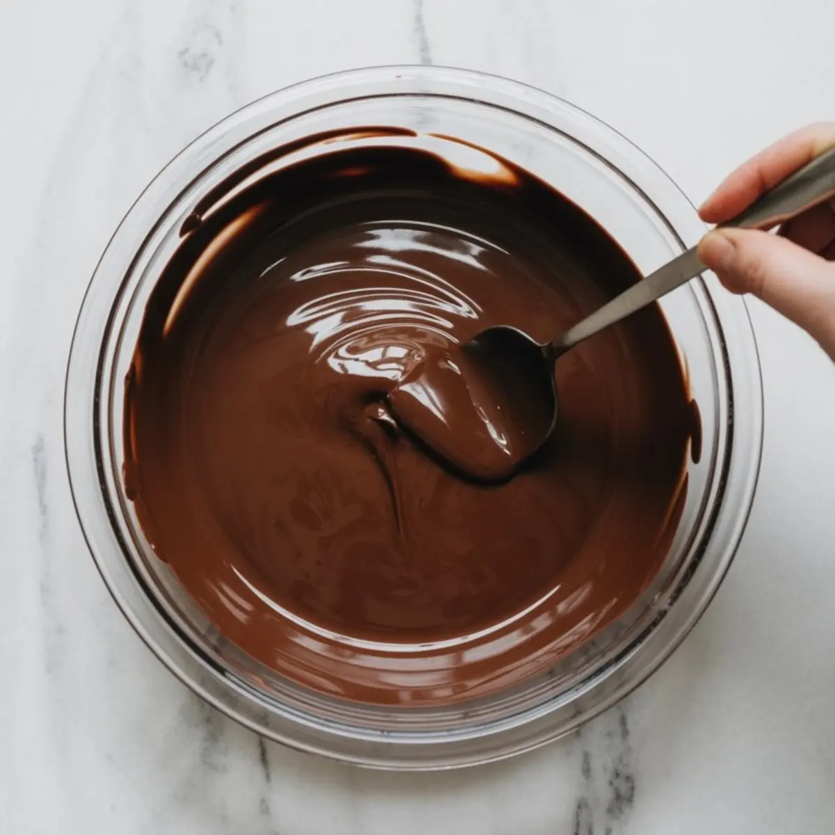 Melted chocolate in a glass bowl being stirred with a metal spoon, showing a shiny, smooth ganache consistency.
