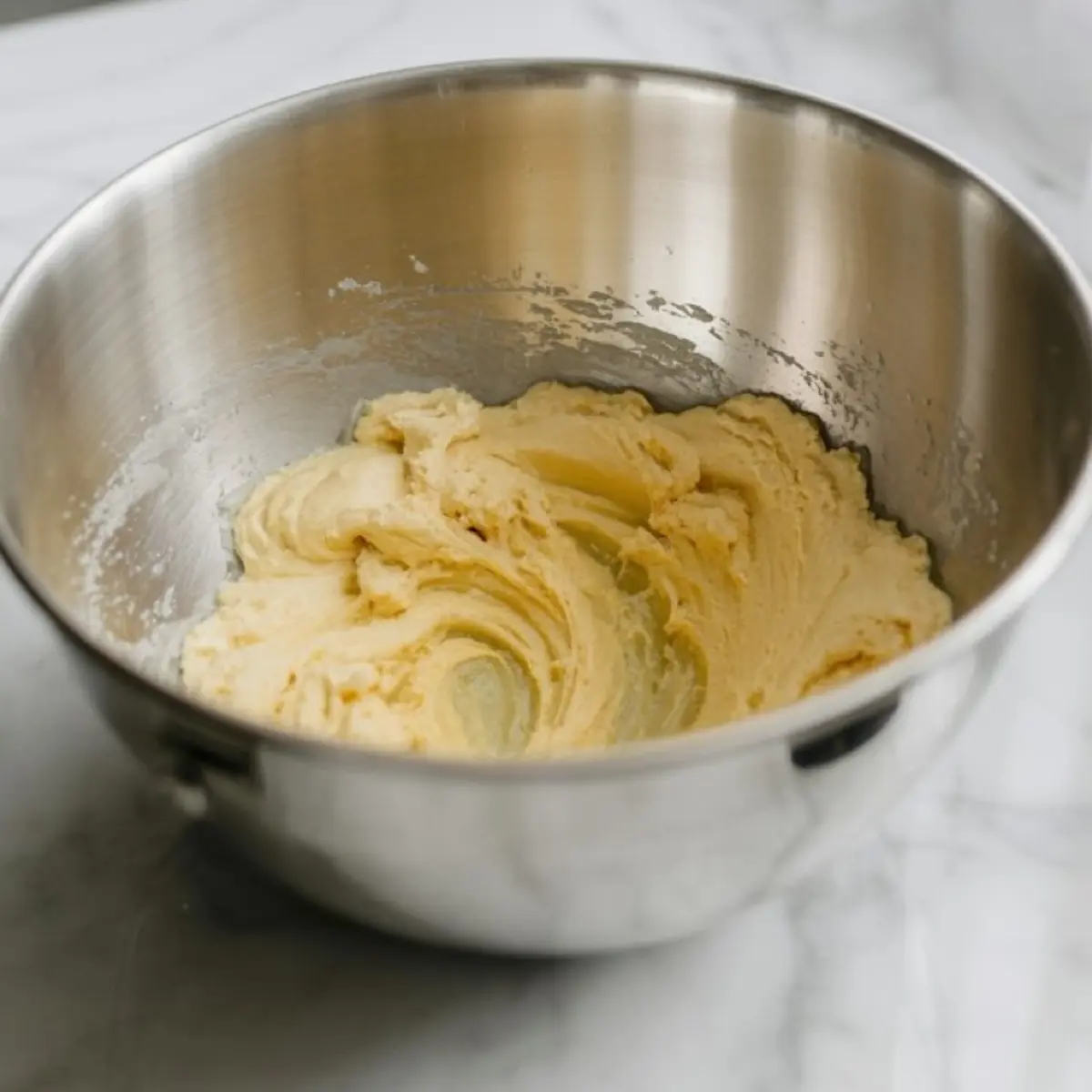 Creamy cake batter whipped in a large stainless steel mixing bowl, with smooth swirls showing a fluffy texture.