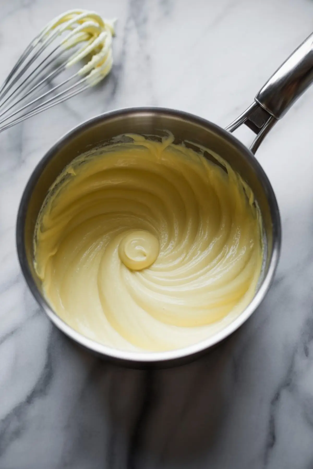 Thick pastry cream in a saucepan with visible swirls, placed on a marble surface with a whisk beside it.