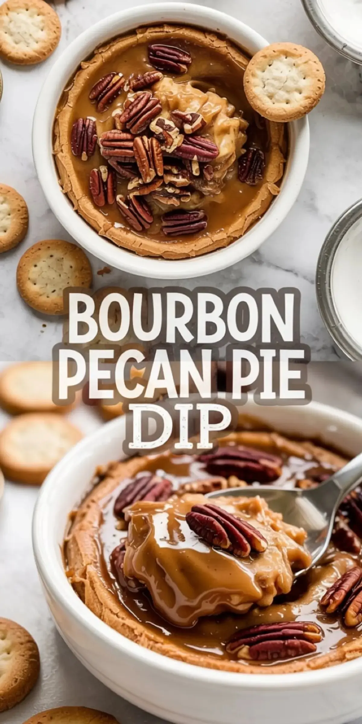 Creamy bourbon pecan pie dip topped with glossy caramel sauce and whole pecans, served with round buttery crackers for dipping.
