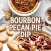 Close-up of caramel bourbon pecan pie dip in a white dish, topped with glossy pecans and served with golden crackers for dipping.