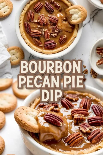 Close-up of caramel bourbon pecan pie dip in a white dish, topped with glossy pecans and served with golden crackers for dipping.