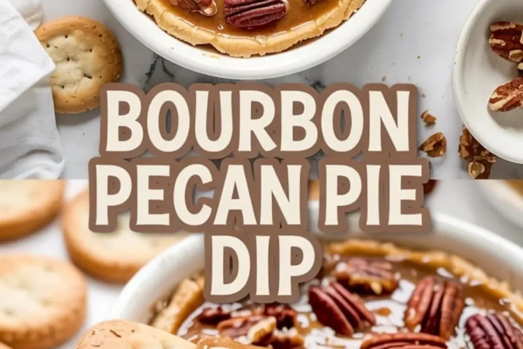 Close-up of caramel bourbon pecan pie dip in a white dish, topped with glossy pecans and served with golden crackers for dipping.