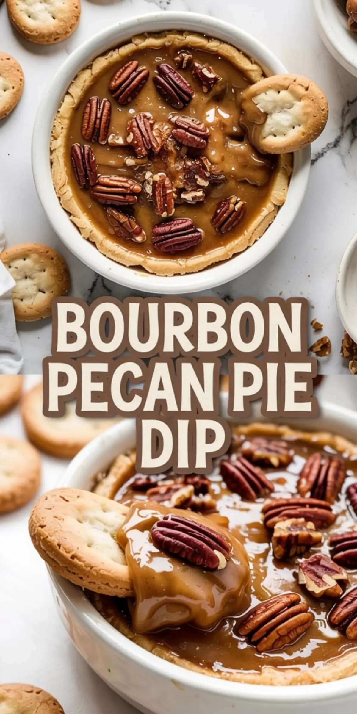 Creamy bourbon pecan pie dip topped with glossy caramel sauce and whole pecans, served with round buttery crackers for dipping.
