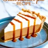 Slice of butterscotch pie with whipped cream and caramel drizzle on a blue plate, showing layers of creamy filling and crisp crust.