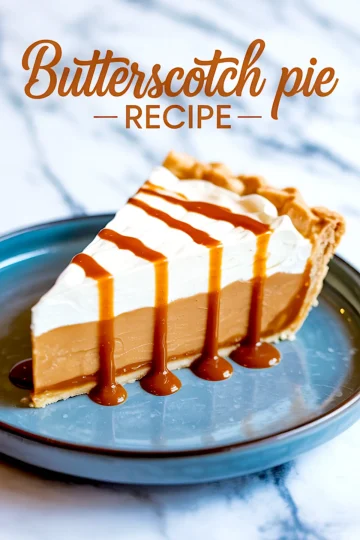 Slice of butterscotch pie with whipped cream and caramel drizzle on a blue plate, showing layers of creamy filling and crisp crust.
