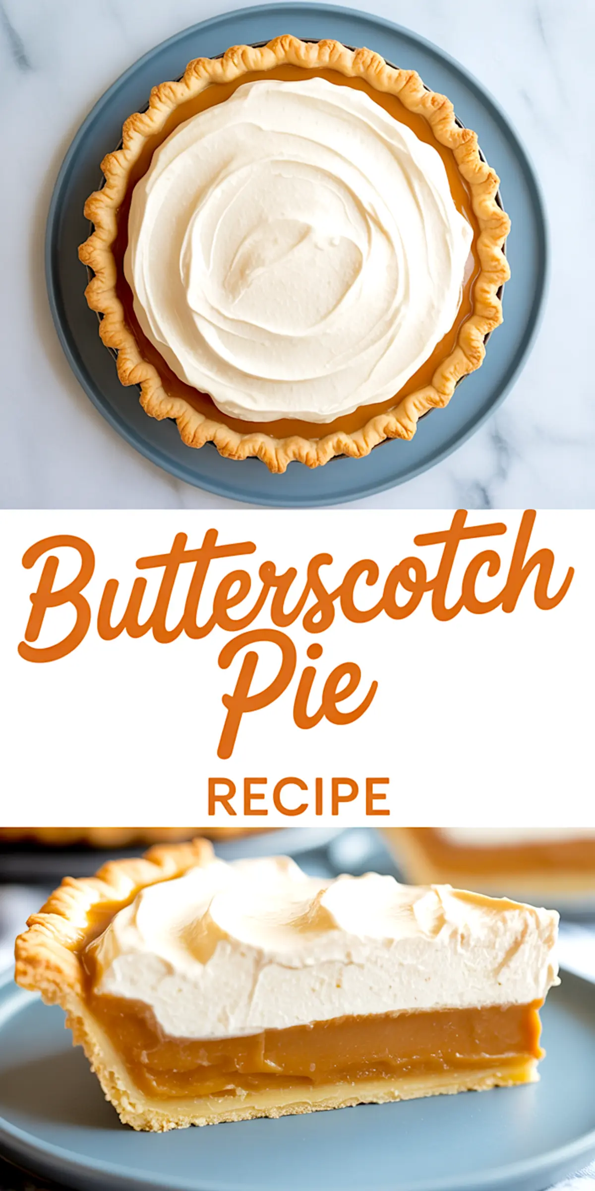 Overhead view of whipped cream-topped butterscotch pie next to a close-up of a clean slice, showing smooth butterscotch custard.