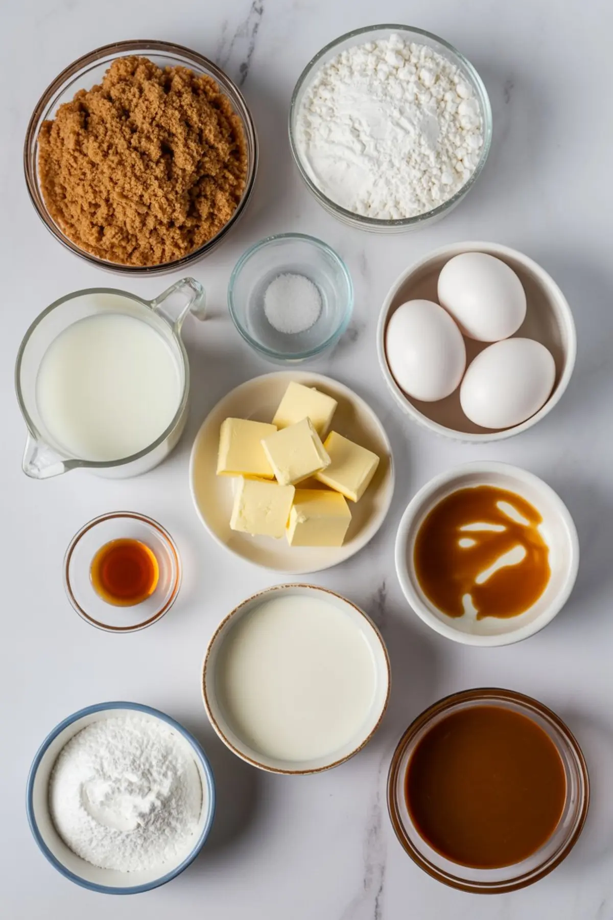 Overhead view of butterscotch pie ingredients including brown sugar, flour, eggs, butter, milk, cream, vanilla, salt, and caramel sauce.
