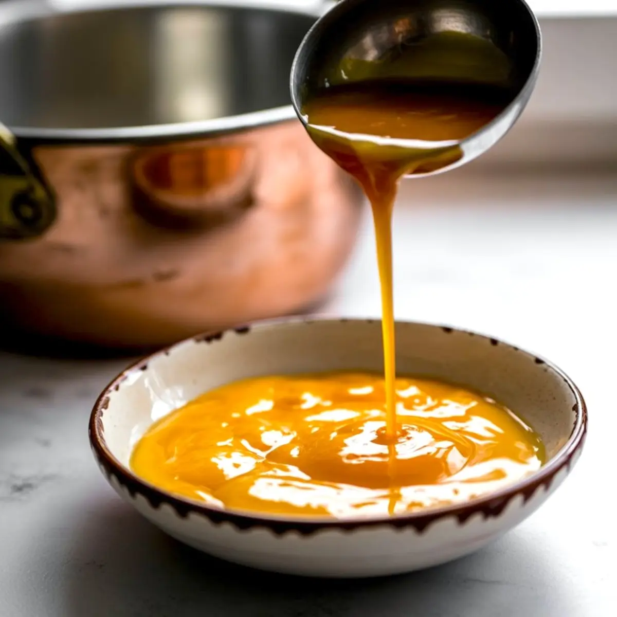 Thick butterscotch pudding being poured from a ladle into a ceramic dish after cooking in a copper saucepan.