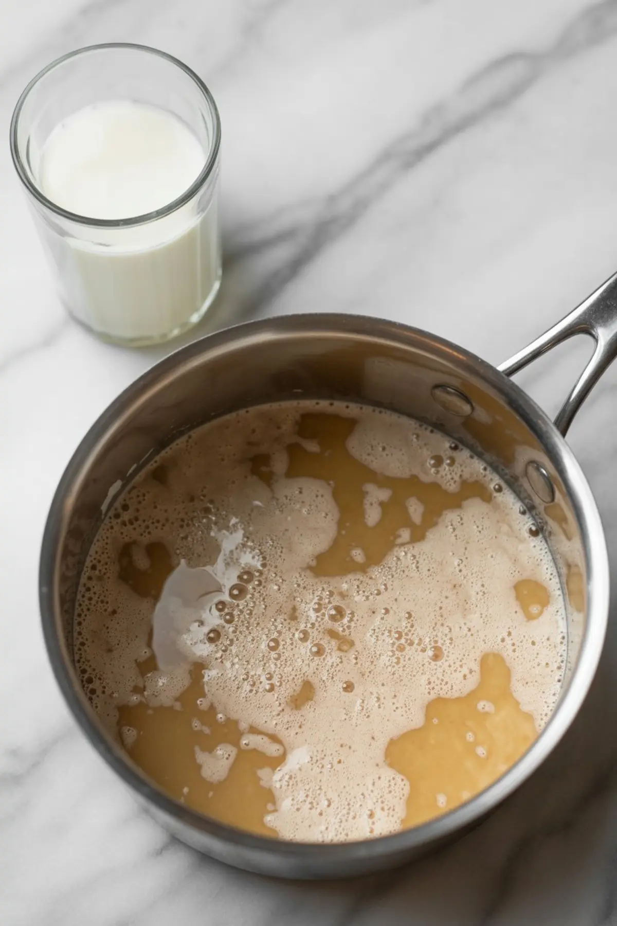 Butterscotch pie filling in a saucepan next to a glass of milk on a marble surface, just after being removed from heat.