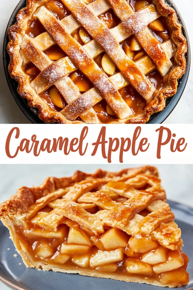 Two-photo collage featuring a whole caramel apple pie with a glossy lattice crust in the top frame and a single slice of caramel apple pie with rich caramel filling in the bottom frame, labeled “Caramel Apple Pie” in handwritten font.